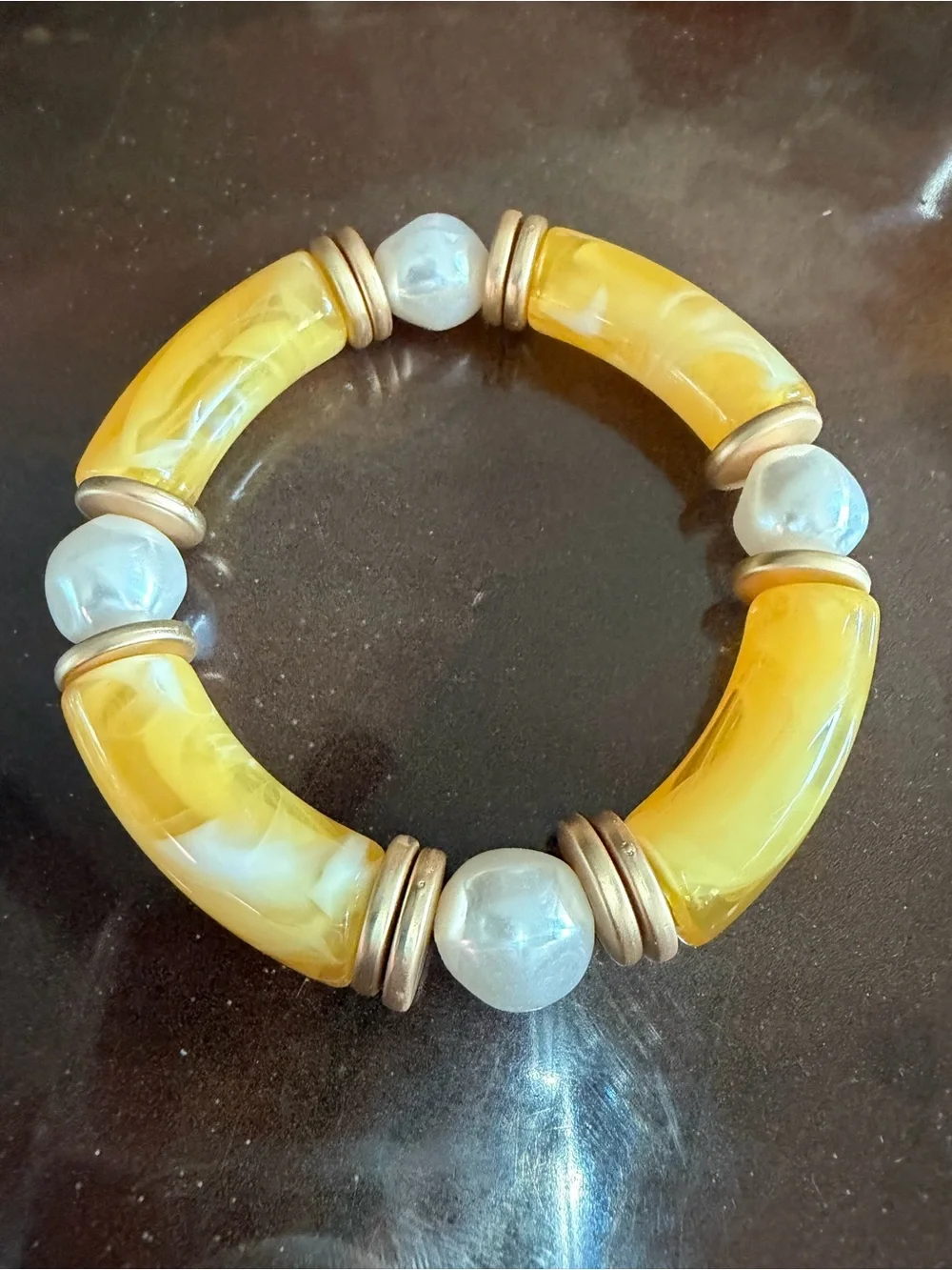 Blue and Yellow Beaded Stretch Bracelet Set, Pearl Gold Accents. Plunder- pick 3